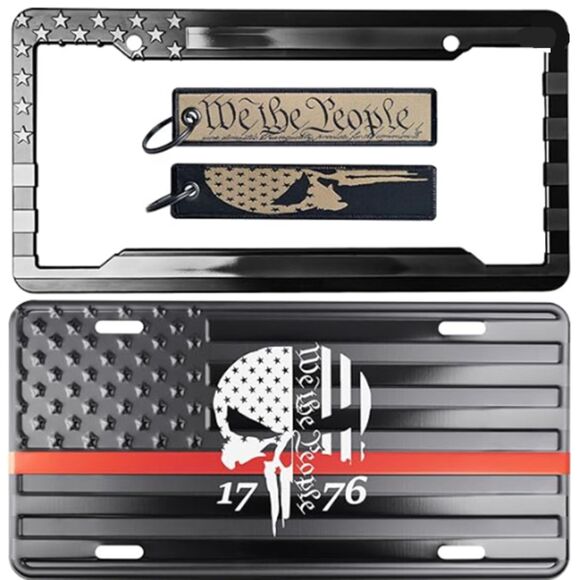 Black 1776 USA Flag License Plates with 2 Long Stitched Keychains - Picture 1 of 5
